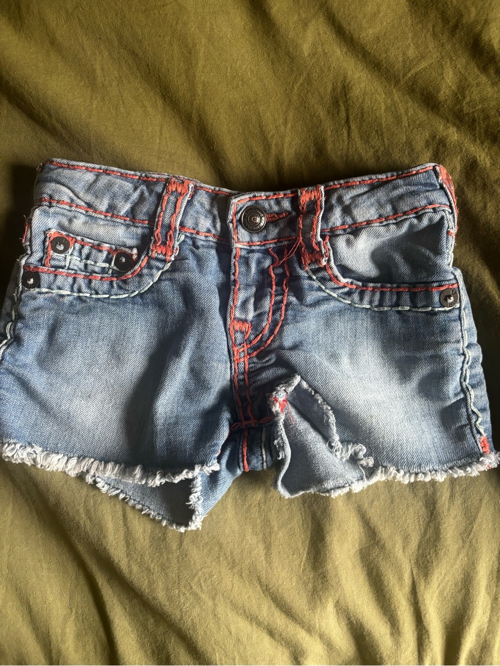 True Religion Light Blue Denim Shorts with Red Topstitching